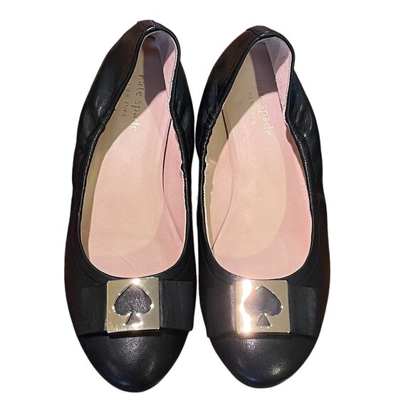 Kate Spade Maline Black Bow Leather Ballet Flats, Gold Spade Detail, Size 6.5M - Picture 1 of 8